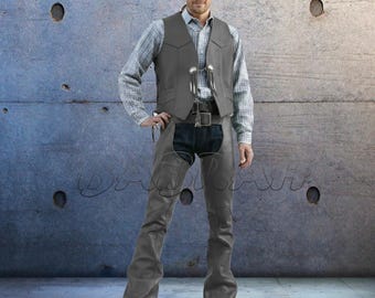 Set Gray Men's Genuine Real Leather Motorcycle Vest Concho Biker Vests Leather Chaps