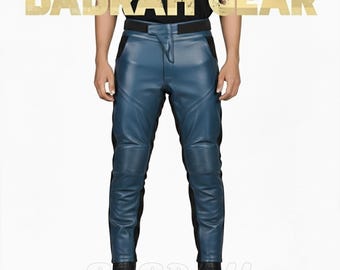 Men's Heavy Duty Blue Leather Motorcycle Pants Custom Length Leather Biker Pant Racing Pant New BG-1474