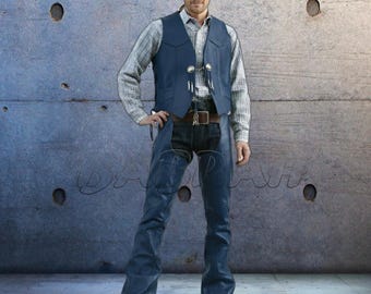 Set Blue Men's Genuine Real Leather Motorcycle Vest Concho Biker Vests Leather Chaps