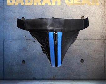 1 Piece Blue Stripes Lambskin Leather Jockstrap: Zipper Front, Soft Leather