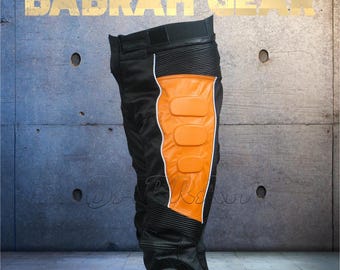 Men's Heavy Duty Leather Motorcycle Racing Pants: Padded, Perforated - Orange & Black