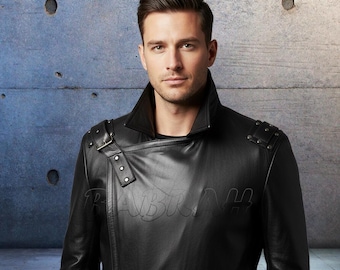 Men’s Real Leather Gothic Medieval Long Coat Asymmetric Wrap Biker Duster Winter Coat