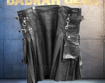 Men's Black Leather Utility Kilt: Cargo Pockets, Buckle Closure