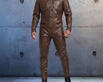 Brown Custom Made Premium Genuine Leather Catsuit: Laces Front, Zipper Back