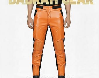 Men's Heavy Duty Orange Leather Motorcycle Pants Custom Length Leather Biker Pant Racing Pant New BG-1462
