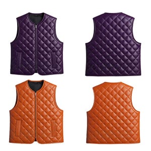 May include: A quilted vest in two colors: purple and orange. The vests have a diamond pattern, a zip-up front, and two pockets. The back of each vest is also visible, showing the same diamond pattern. The vests are displayed against a white background.