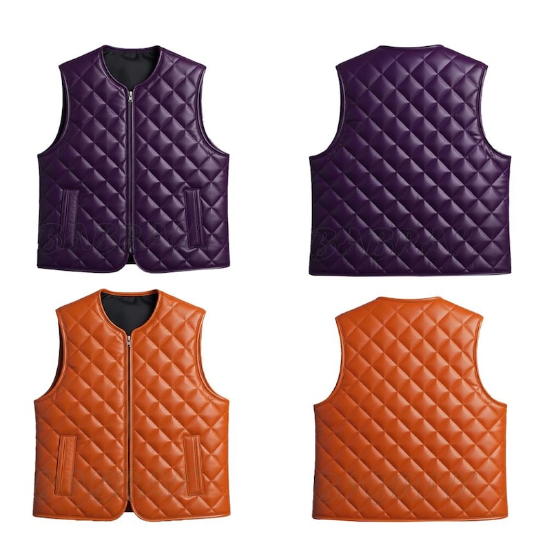 May include: A quilted vest in two colors: purple and orange. The vests have a diamond pattern, a zip-up front, and two pockets. The back of each vest is also visible, showing the same diamond pattern. The vests are displayed against a white background.