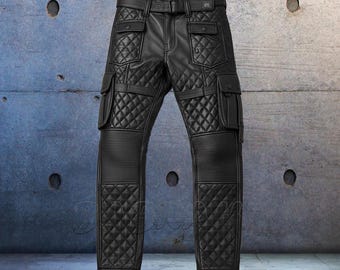 Handmade Men's Premium Real Leather Pants Tactical Hunting Style Quilted Cargo Pocket Leather Pants