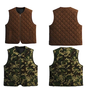 May include: A quilted vest in two color options: brown and camouflage. The brown vest has a diamond pattern and a zipper closure. The camouflage vest features a green, brown, and black pattern. Both vests have two front pockets.