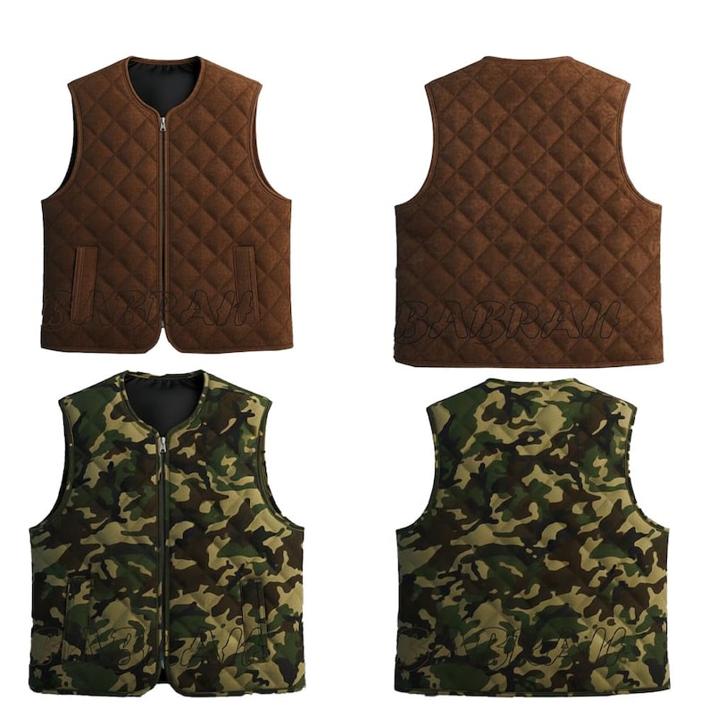 May include: A quilted vest in two color options: brown and camouflage. The brown vest has a diamond pattern and a zipper closure. The camouflage vest features a green, brown, and black pattern. Both vests have two front pockets.