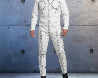 White Custom Made Premium Genuine Leather Catsuit: Laces Front, Zipper Back