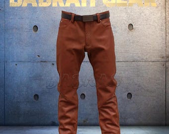Handmade Brown Leather Jeans Style Pants: 5-Pocket Straight Leg Trousers