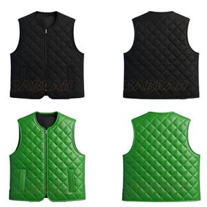 May include: A quilted vest in black and green, displayed from the front and back. The vests have a diamond pattern, a zip closure, and two pockets. The text "BABRAH" is printed on the front of each vest.
