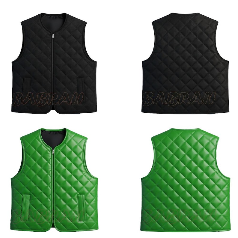 May include: A quilted vest in black and green, displayed from the front and back. The vests have a diamond pattern, a zip closure, and two pockets. The text "BABRAH" is printed on the front of each vest.