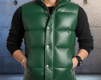 Green Genuine Real Leather Puffer Vests Insulated Zipper Vest Insulation Padding Waistcoat