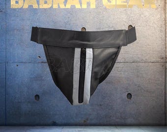 1 Piece Gray Stripes Lambskin Leather Jockstrap: Zipper Front, Soft Leather