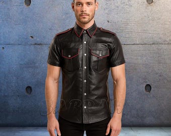 Men's Premium Leather Shirt Short Sleeve Red Piping Snaps Closure