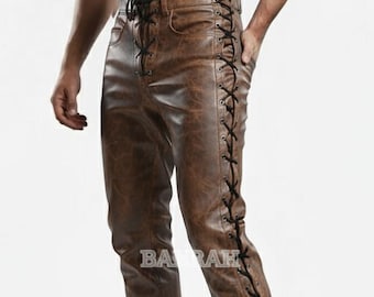 Distressed Brown Front Laces Side Leg Laces Men's Leather Pants Jeans Style with Laced Sides