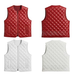 May include: A set of four quilted vests in red and white. The red vests have a zip closure and pockets, with the word "BABRAH" on the back. The white vests also have a zip closure and pockets, with the word "BABRAH" on the back.