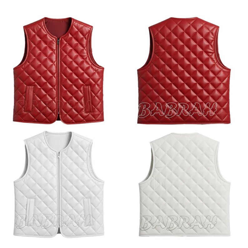 May include: A set of four quilted vests in red and white. The red vests have a zip closure and pockets, with the word "BABRAH" on the back. The white vests also have a zip closure and pockets, with the word "BABRAH" on the back.
