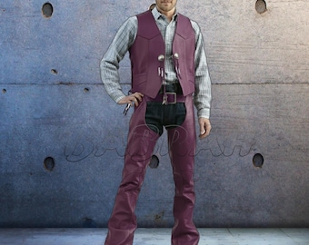 Set Purple Men's Genuine Real Leather Motorcycle Vest Concho Biker Vests Leather Chaps