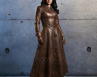 Custom Made Bespoke Brown Distressed Leather Long Coat Flare Bottom Laces Back Dress Coats