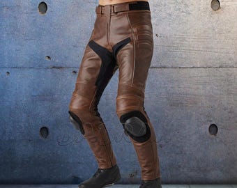 Men's Distressed Brown Waxed Leather Motorcycle Racing Pants Padded Removable Lining Armor Knee Pucks
