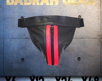 Red Stripe Lambskin Leather Jockstrap: Zipper Front, Elastic Back
