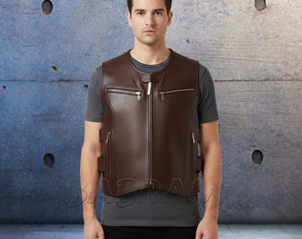 Perforated Brown Leather Motorcycle Vest: Cowhide Biker Vest