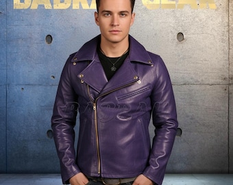 Men's Purple Leather Jacket Genuine Real Leather Biker Casual Motorcycle Zipper Style New