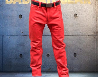 Sheepskin Napa Real Red Leather Jeans Style 5 Pockets Pant Straight Legs Pants New