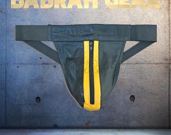 1 Piece Yellow Stripes Lambskin Leather Jockstrap: Zipper Front, Soft Leather