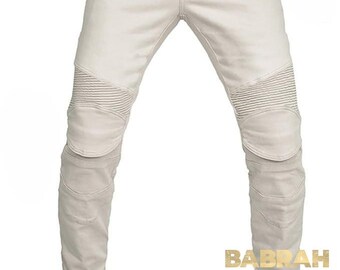 White Custom Tailor Made Bespoke Real Leather Motorcycle Sports Biker Touring Racing Pants Cargo Pockets New