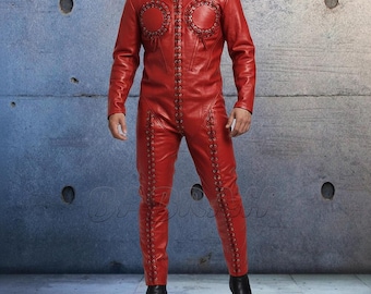 Red Custom Made Premium Genuine Leather Catsuit: Laces Front, Zipper Back