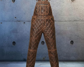 Quilted Design Premium Distressed Brown Leather Motorcycle Casual Bib Overalls Dungarees New