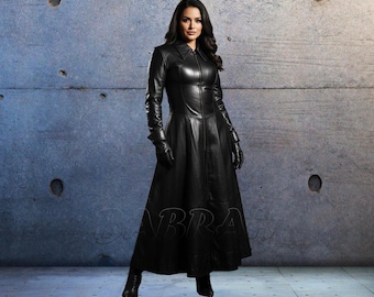 Custom Made Bespoke Lambskin Leather Long Coat Flare Bottom Laces Back Black Dress Coats