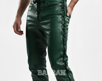 Green Front Laces Side Leg Laces Men's Leather Pants Jeans Style with Laced Sides