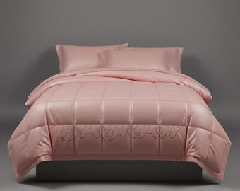 Custom Pink Leather Look Box-Stitched Duvet Cover, Warm Winter Comforter with Polyester Filling, Modern Gothic Aesthetic Bedding