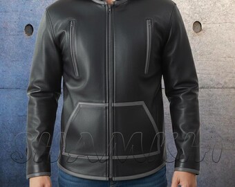 Men's Premium Leather Hoodie Zipper Jacket Real Leather Gray Piping Hooded Jackets