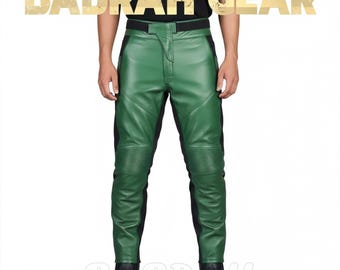 Men's Heavy Duty Green Leather Motorcycle Pants Custom Length Leather Biker Pant Racing Pant New BG-1489