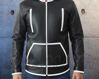 Men's Premium Leather Hoodie Zipper Jacket Real Leather White Piping Hooded Jackets
