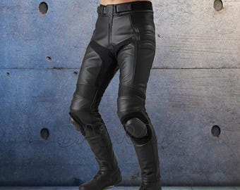 Men's Black Leather Motorcycle Racing Pants Padded Removable Lining Armor Knee Pucks