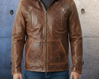 Distressed Brown Vintage Look Men's Premium Leather Hoodie Zipper Jacket Real Leather Hooded Jackets