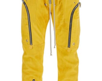 Yellow Custom Tailor Made Bespoke Real Lambskin Leather Drawstring Trouser Pants Zipper Model New