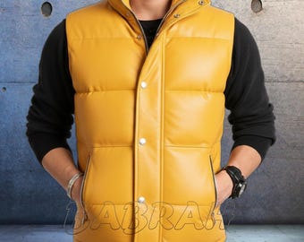 Yellow Genuine Real Leather Puffer Vests Insulated Zipper Vest Insulation Padding Waistcoat