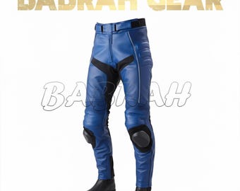 Men's Blue Leather Motorcycle Racing Pants Padded Removable Lining Armor Knee Pucks