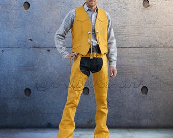 Set Yellow Men's Genuine Real Leather Motorcycle Vest Concho Biker Vests Leather Chaps