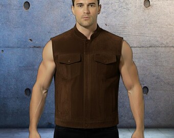 Brown Men's Nubuck Suede Leather Motorcycle Vest SOA Style Concealed Carry Vests