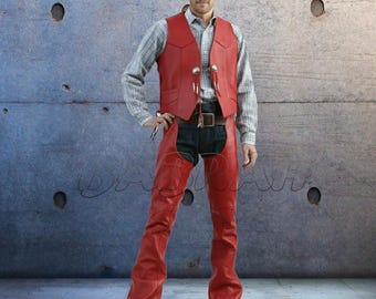Set Red Men's Genuine Real Leather Motorcycle Vest Concho Biker Vests Leather Chaps
