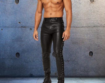 Mens Black Sheepskin Leather Pants: Jeans Style with Side Laces